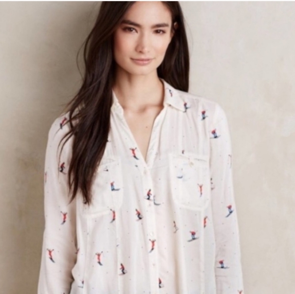 MAEVE ANTHROPOLOGIE Cream Ski Print Long Sleeve Blouse. Size 6